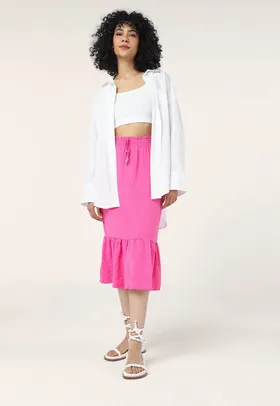 Saia Forever 21 Midi Babados Rosa