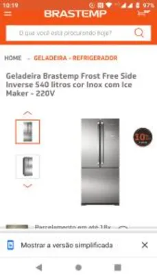 Geladeira Brastemp Frost Free Side Inverse 540 litros cor Inox com Ice Maker - R$4319