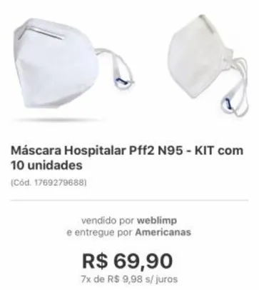 Máscara Hospitalar Pff2 N95 kit com 10 | R$70