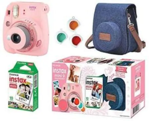Câmera Instantânea Fujifilm Instax Mini 9 Com 3 Filtros Coloridos, Bolsa e Filme 10 Poses – Rosa Chiclé