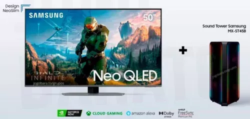 Smart TV 50" Neo QLED 4K Samsung Gaming QN90C Mini LED, Painel até 144hz, Processador com IA, Som em Movimento Virtual +  Sound Tower MX-ST45B