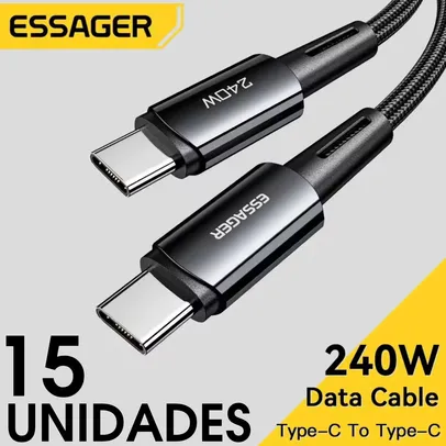 [R$ 8 CADA UNID/TAXA INCLUSA] 15 UNIDADES ESSAGER Cabo Tipo-C 240W PD, Carregamento Super Rápido, Para iOS e Android 