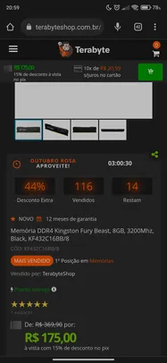 Memória DDR4 Kingston Fury Beast, 8GB, 3200Mhz, Black, KF432C16BB/8