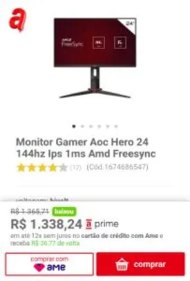 Monitor AOC Hero 24" IPS FullHD FreeSync 144hz | R$1.338