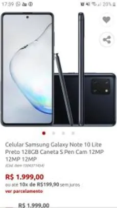 Celular Samsung Galaxy Note 10 Lite Preto 128GB Caneta S Pen Cam 12MP 12MP 12MP