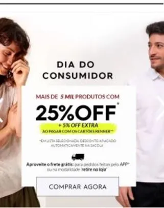 Ganhe 25% OFF + 5% extra ao pagar com os cartões Renner + Frete Grátis na Renner