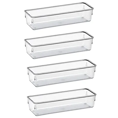 Organizador Modular Acrimet para Gavetas, Bancadas e Armários, Plástico Transparente, Pote Retangular Grande, Kit com 4 Potes, Cristal