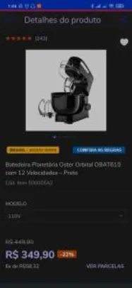 Batedeira Planetária Oster Orbital OBAT610 com 12 Velocidades – Preto - R$350
