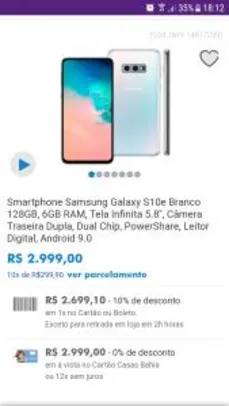 [APP Casas Bahia] Smartphone Samsung Galaxy S10e Preto 128GB, 6GB RAM | R$2.699