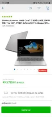 Notebook Lenovo, Intel® Core™ i5, 8GB, 256GB SSD, Tela 15,6 | R$ 3790