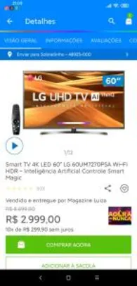 Smart TV 4K LED 60” LG 60UM7270PSA Wi-Fi HDR R$ 2999