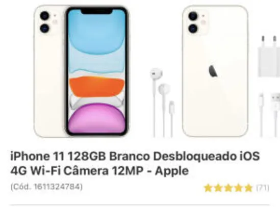 (AME R$4044)iPhone 11 128GB Branco Desbloqueado iOS 4G Wi-Fi Câmera 12MP - Apple - R$4891