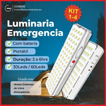 【R$10 CADA】Kit 4 Luminária Emergência Lâmpada 30 ou 60 Leds Recarregável Bivolt Luz Branca