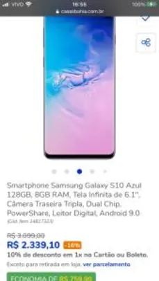 Smartphone Samsung Galaxy S10 Azul R$2339