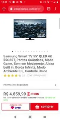Samsung Smart TV 55'' QLED 4K 55Q80T, Modo Game, Som em Movimento, Alexa built in, Borda Infinita, Modo Ambiente 3.0, Controle Único R$4860