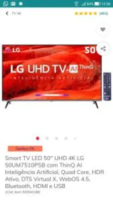 Smart TV LED 50" UHD 4K LG 50UM7510PSB R$1999,00