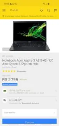 Notebook Acer Aspire 3 A315-42-r1b0 Amd Ryzen 5 12gb 1tb Hdd - R$2799