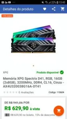 Memória ddr4 XPG D41 2X8GB 3200MHZ | R$ 598