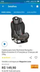 Cadeira para Auto Reclinável Burigotto - Matrix Evolution K 4 Posições p/ Crianças até 25kg por R$ 150