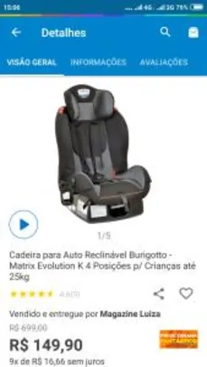 Cadeira para Auto Reclinável Burigotto - Matrix Evolution K 4 Posições p/ Crianças até 25kg por R$ 150