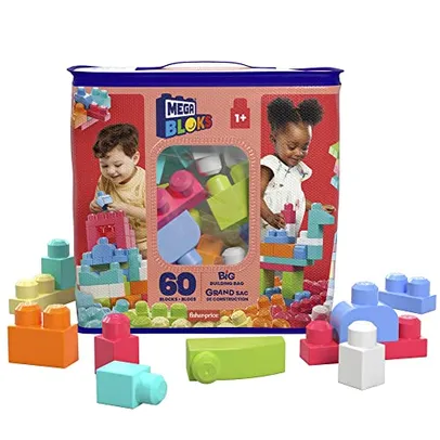 MEGA BLOKS, Sacola Vermelha com 60 Blocos de Montar Grandes e Coloridos, Conjunto de Brinquedo para Idades a partir de 1 ano