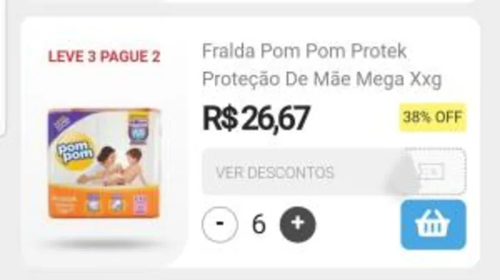 Fralda Pom Pom Protek Proteção De Mãe Mega Xxg 26 Unidades leve 6 pague 4 R$92