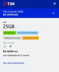 TIM Controle 25 gb R$49,99