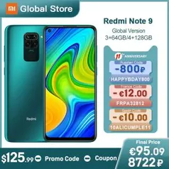 Smartphone Xiaomi Redmi Note 9 NFC Global 4GB 128GB + Pelicula e Capa | R$889