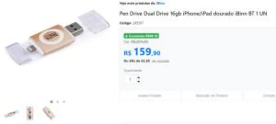 PROMOÇÃO - Pen Drive Dual Drive 16gb iPhone/iPad dourado iBinn | R$160