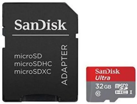 Cartão de Memória Sandisk 32gb Microsd c/Adaptador, Sdsqunc-032g, Classe 10, Ultra 80mb/s - R$17