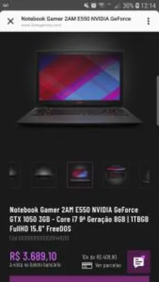 Notebook Gamer 2AM E550 NVIDIA GeForce GTX 1050 3GB - Core i7 9ª Geração 8GB | 1TBGB FullHD 15.6" FreeDOS