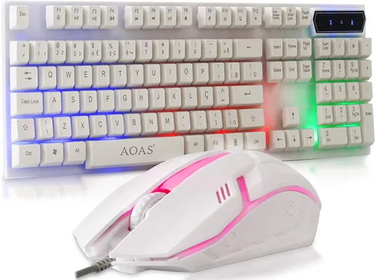 Kit Teclado Semi Mecânico Gamer Multimídia Abnt2 Led Rgb com Mouse 2400dpi Laser Usb Óptico (Branco) | R$85