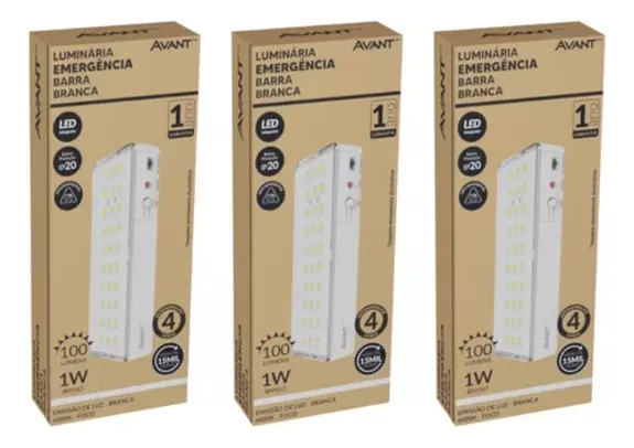 Kit 3 Luminárias Led Luz De Emergência Barra 1w 6000k Avant