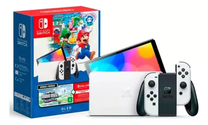 Console Nintendo Switch Oled 64gb Edição Super Mario Bros Wonder 12 Meses Assinatura Online Nintendo