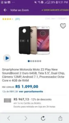 Smartphone Motorola Moto Z2 Play New SoundBoost 2 Ouro 64GB | R$967