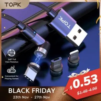 Topk magnético micro usb tipo c cabo de carregamento magnético cabo para iphone xiaomi samsung - R$28