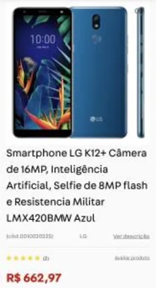 Smartphone LG K12+ Câmera de 16MP, Inteligência Artificial, Selfie de 8MP flash e Resistencia Militar - R$663