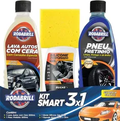 [R$ 24 +POR-] Kit Smart Rodabrill - Lava Auto c/ Cera + Silicone Perfumado Gel + Pneu Pretinho