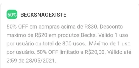 50% em compras acima de R$20 em Becks