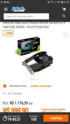 Asus Phoenix NVIDIA GeForce GTX 1660 6GB, GDDR5 - R$1.000