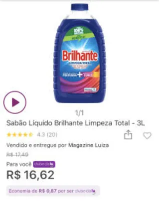 Sabão Líquido Brilhante Limpeza Total - 3L R$16