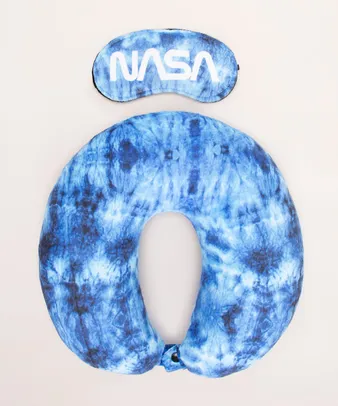 kit apoio de pescoço nasa + tapa olho estampado de tie dye azul