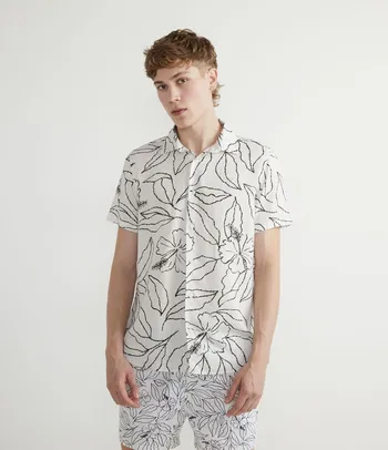 Camisa Manga Curta em Viscolinho com Estampa Floral Branco