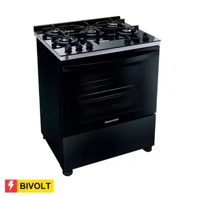 REEMBALADO: Fogão Brastemp 5 Bocas BFS5VCE com Mesa De Vidro e Turbo Chama Preto - Bivolt - Bivolt