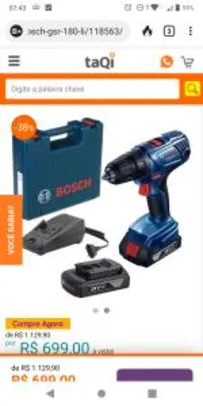 Parafusadeira e Furadeira Bosch GSR 180-li 18V + Maleta + 2 Baterias