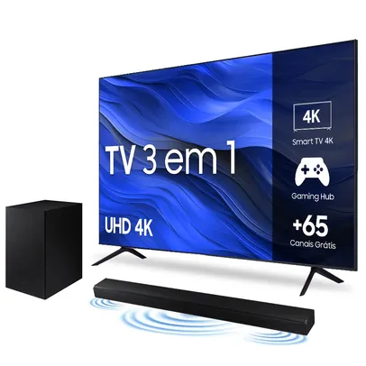 Combo Smart TV 65" Samsung UHD 4K 3 HDMI 1 USB Bluetooth Wi-Fi Gaming Hub Tela sem limites Alexa built in - UN65CU7700GXZD + Soundbar Samsung HW-A555