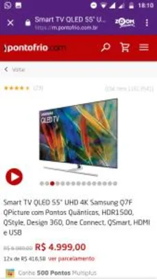 Smart TV QLED 55" UHD 4K Samsung Q7F QPicture com Pontos Quânticos, HDR1500, QStyle, Design 360, One Connect, QSmart, HDMI e USB - R$4999