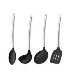 Kit Concha Colher 4 Utensílios de Silicone e Inox Preto | R$11