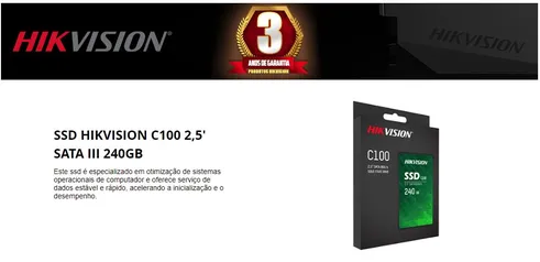 SSD Hikvision C100, 240GB, Sata III, Leitura 550MBs e Gravação 450MBs, HS-SSD-C100/240G