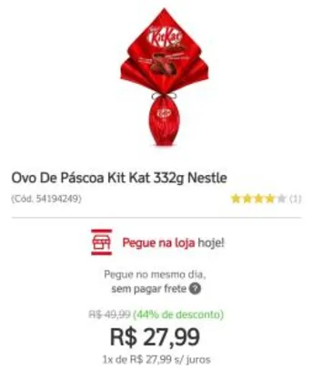 Ovo De Páscoa Kit Kat 332g Nestle - R$28 Pedido mínimo de R$50 no site para poder comprar.